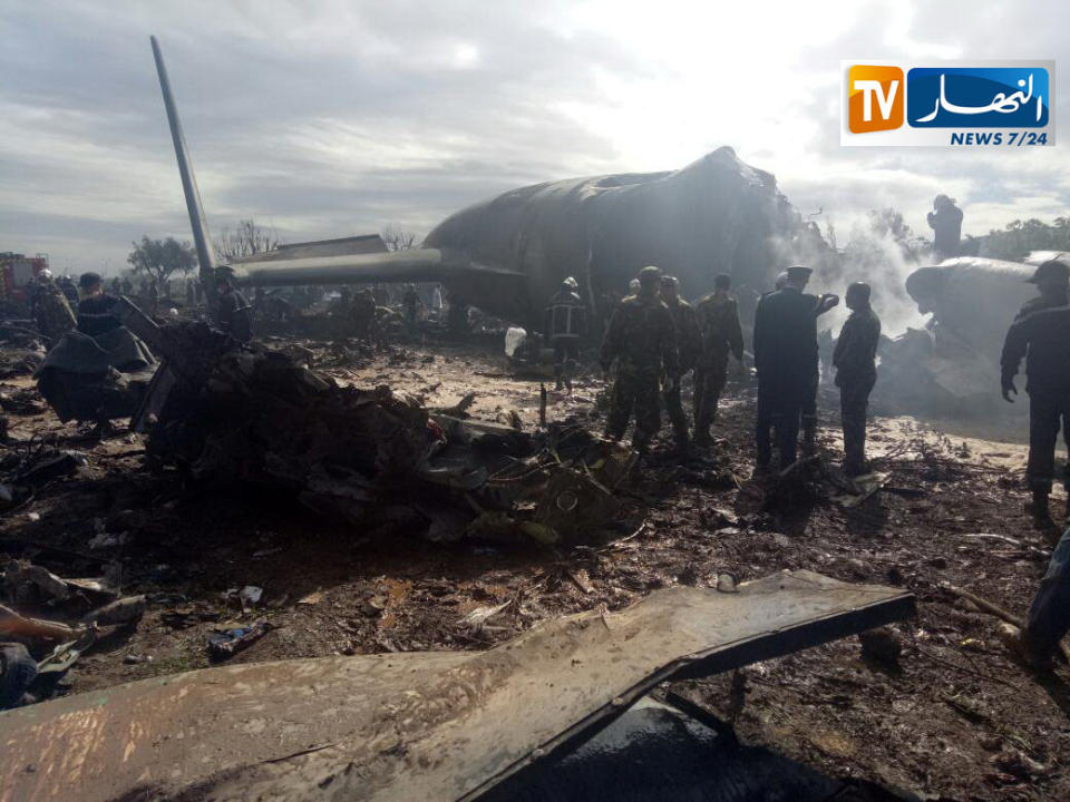 <p>An Algerian military plane is seen after crashing near an airport outside the capital Algiers, Algeria April 11, 2018 in this still image taken from a video. (Photo: ENNAHAR TV/Handout/ via Reuters) </p>