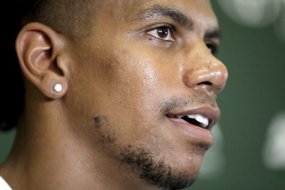 FILE - In this July 27, 2018, file photo, New York Jets wide receiver Terrelle Pryor talks to reporters during NFL football training camp in Florham Park, N.J. Allegheny County, Pa., District Attorney spokesman Mike Manko confirmed Saturday, Nov. 30, 2019, that Pryor, a free agent, was the victim of a stabbing, but said he had no other information, such as Pryor’s condition or where and when the stabbing occurred. (AP Photo/Julio Cortez, File)