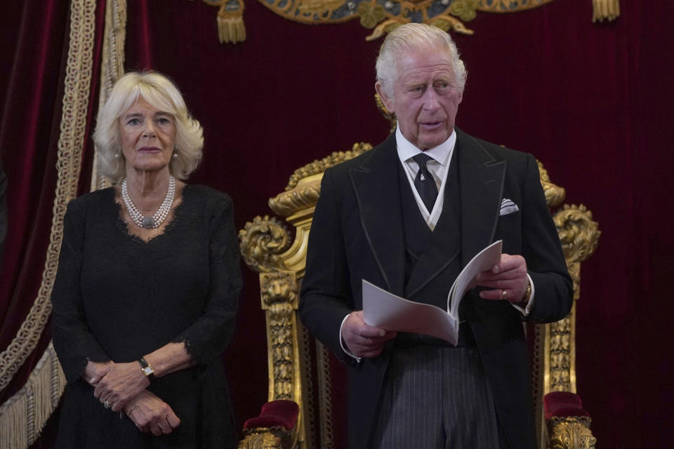 King Charles III and Camilla, the Queen Consort during the Accession Council at St James's Palace, London, Saturday, Sept. 10, 2022, where King Charles III is formally proclaimed monarch. (Victoria Jones/Pool Photo via AP)