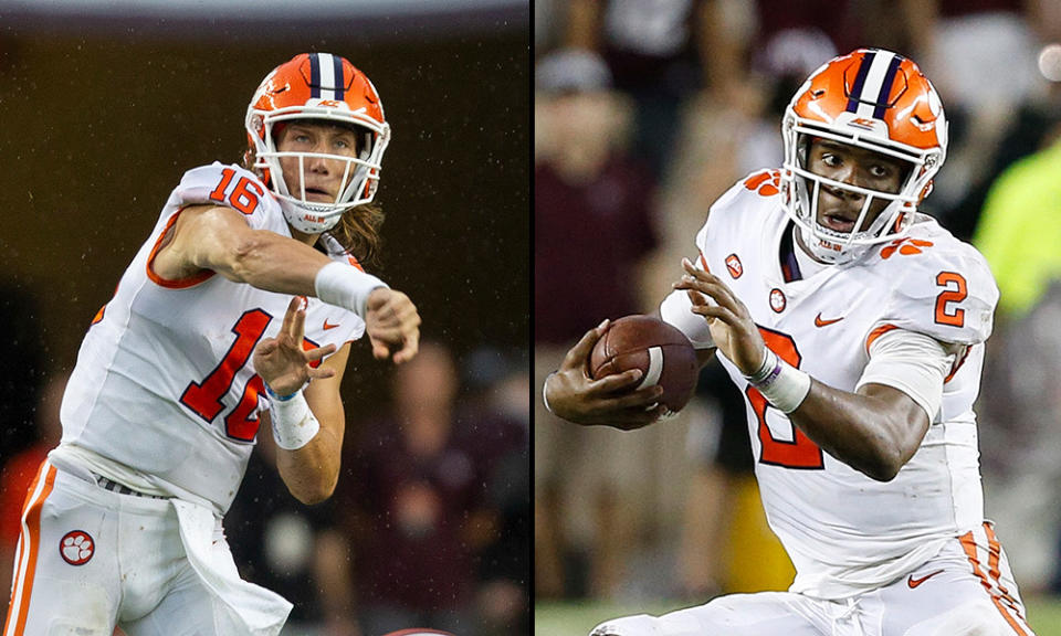 Clemson has an ideal scenario with both Trevor Lawrence (L) and Kelly Bryant excelling at quarterback. (AP/Getty)