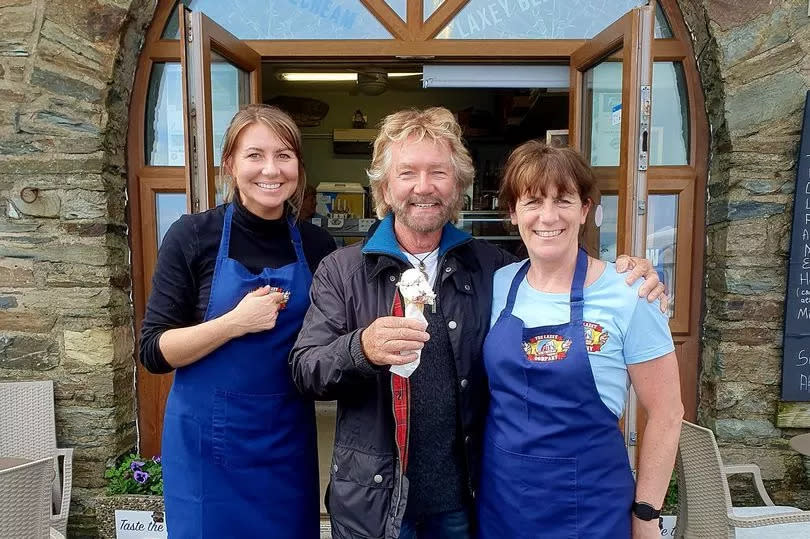 Deal Or No Deal host Noel Edmonds outside the Laxey Beach Stop Cafe in Laxey Bay
