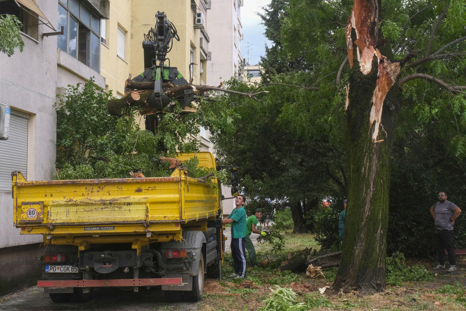 Municipal workers cut down a tree that fell after a powerful storm in Montenegro's capital Podgorica, Tuesday, July 2, 2024. A powerful storm has swept through countries in the western Balkans after several days of sizzling temperatures, killing two people and damaging houses, pulling out trees and flooding streets, officials said on Tuesday. (AP Photo/Risto Bozovic)