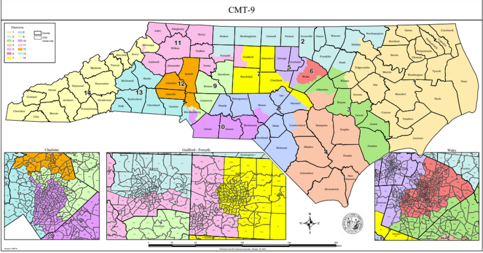 One of the potential congressional maps for North Carolina in the 2021 redistricting process, drawn by a Republican state senator.