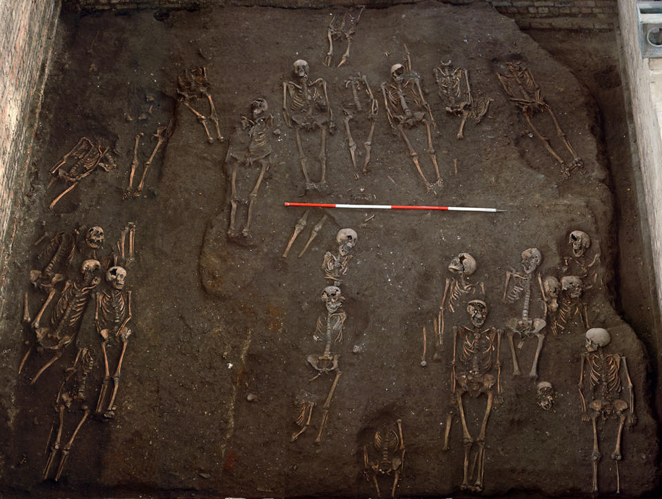 The remains of individuals unearthed on the former site of the Hospital of St John the Evangelist