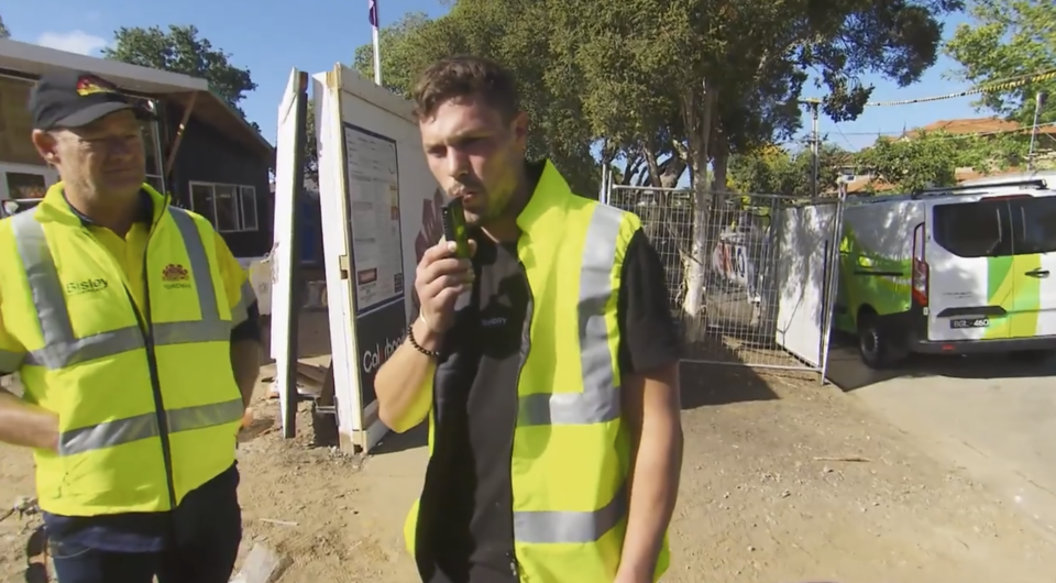 The Block's Josh using a breathalyser