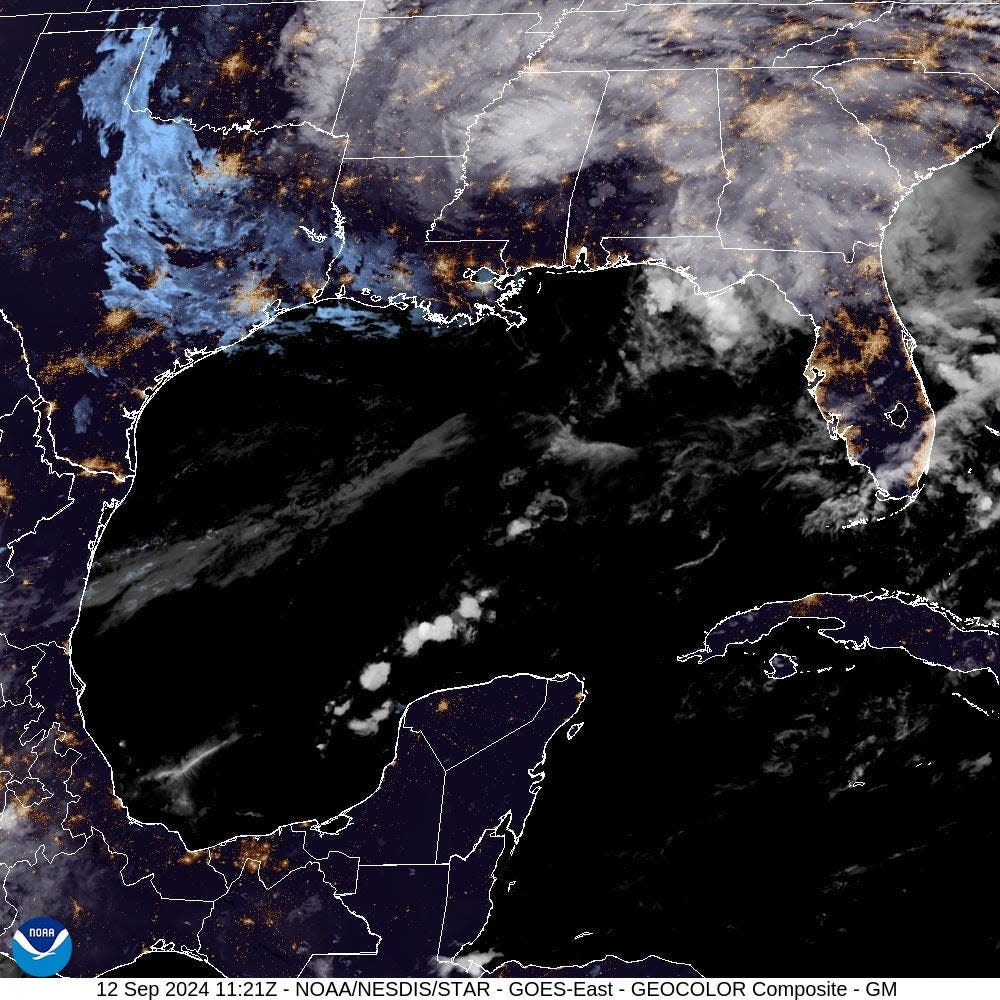 Satellite imagery shoes Tropical Storm Francine moving up Louisiana Thursday, Sept. 12, 2024, after making landfall Wednesday night.