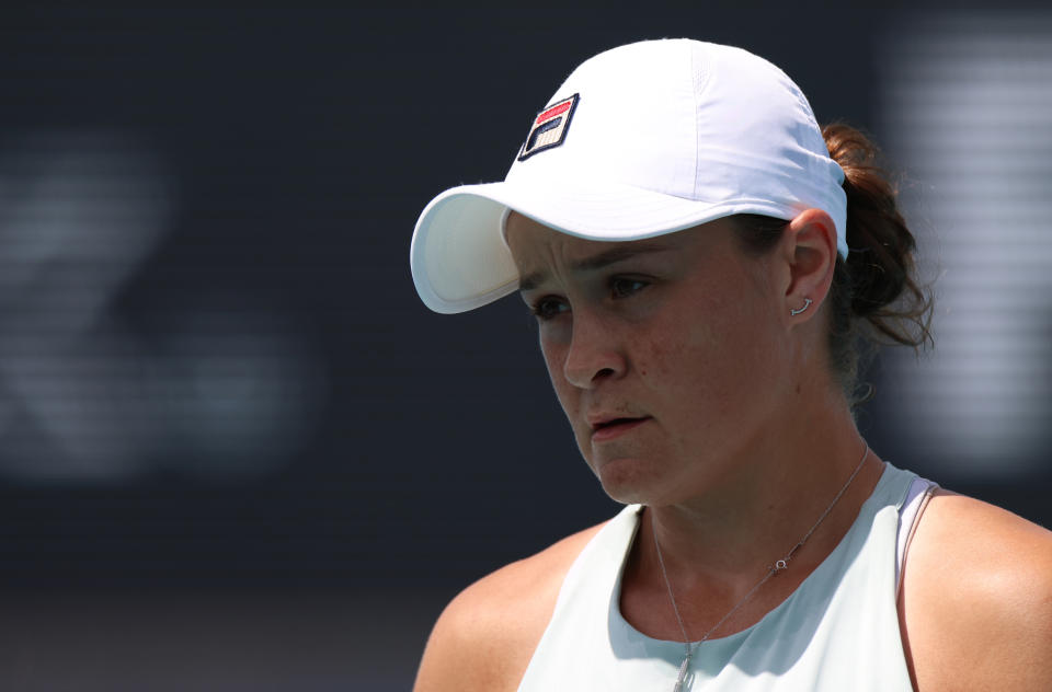 Ash Barty (pictured) looks on during her women's singles third round match against Jelena Ostapenko at the Miami Open.