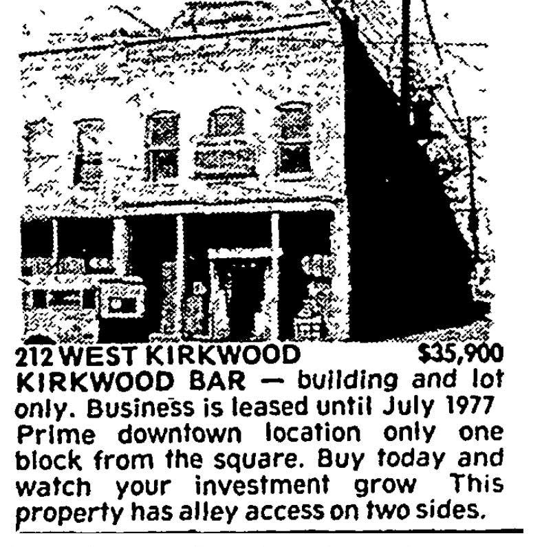 An advertisement published in the Nov. 10, 1975, issue of the Daily Herald-Telephone offers the Kirkwood Bar building for sale.