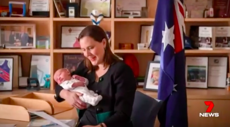 Minister for Women Kelly O’Dwyer, a mother of young children herself, described reforms to government-funded parental leave as a “game-changer.” Source: 7 News