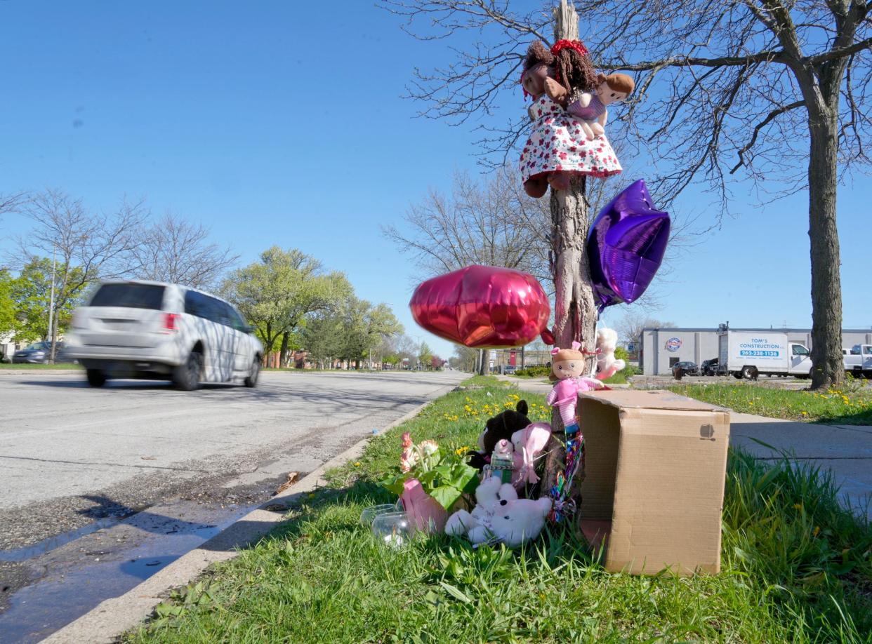 A makeshift memorial is on the scene of hit-and-run that happened on Tuesday that killed a 4-year-old girl and injured her mother at the intersection of North Teutonia Avenue and West Vera Avenue in Milwaukee on Wednesday, May 1, 2024.