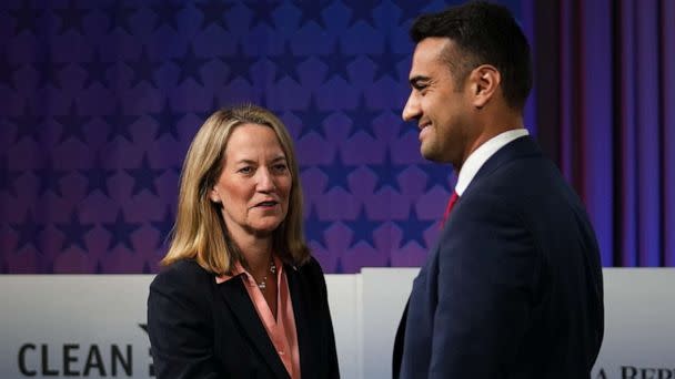 PHOTO: Attorney General candidates Republican Abe Hamadeh and Democrat Kris Mayes meet for a debate at the Arizona PBS studio, Sept. 28, 2022. (Joe Rondone/The Republic via USA Today Network)