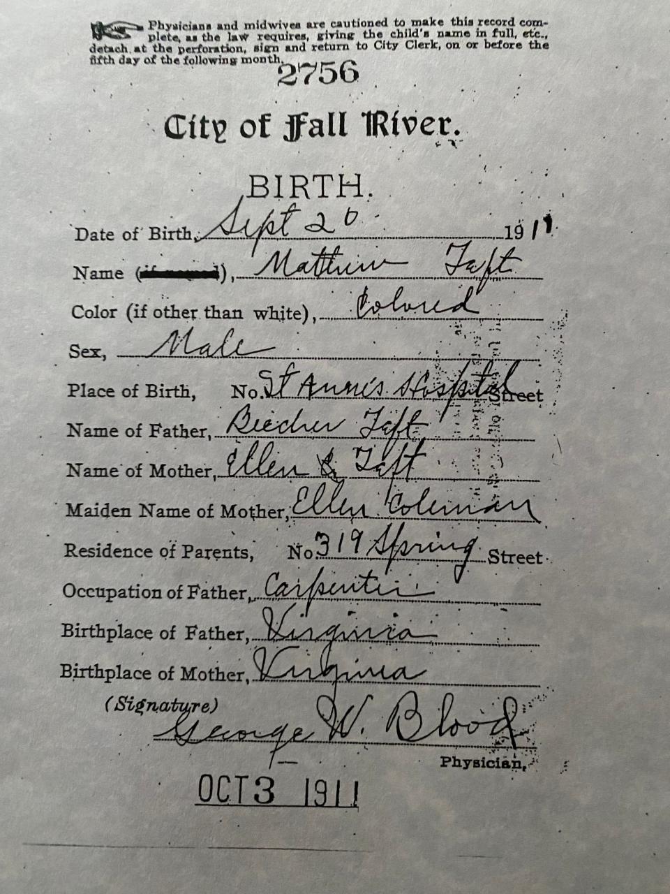 Herbert Johnson's 1911 birth certificate, under the name "Matthew Taft," shows his race as "Colored."