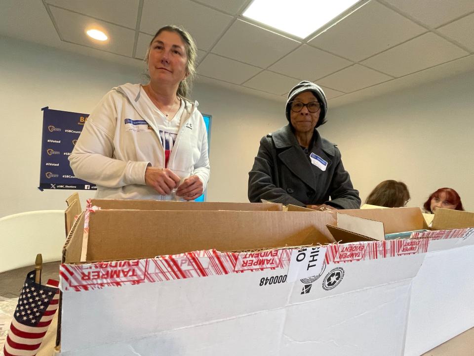 Primary Election Day poll workers Cherly Moyer, left, and Peggy Moore, oversee a voting site in Apple Valley on Tuesday, March 5.