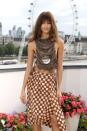 <p>At the <em>Dune </em>photocall in London a month later, Zendaya wore a chained bodice top from Andreas Kronthaler's Spring 2020 Vivienne Westwood collection, a piece reminiscent of her <a href="https://www.harpersbazaar.com/celebrity/latest/a37895899/zendaya-molten-gold-dress-straight-off-loewe-runway/" rel="nofollow noopener" target="_blank" data-ylk="slk:breastplate moment;elm:context_link;itc:0;sec:content-canvas" class="link ">breastplate moment</a> at the Women in Film Awards on October 7. She paired the look with a checkered brown asymmetrical midi skirt and accessorized with Bvlgari jewels and nude Louboutins.<br></p>