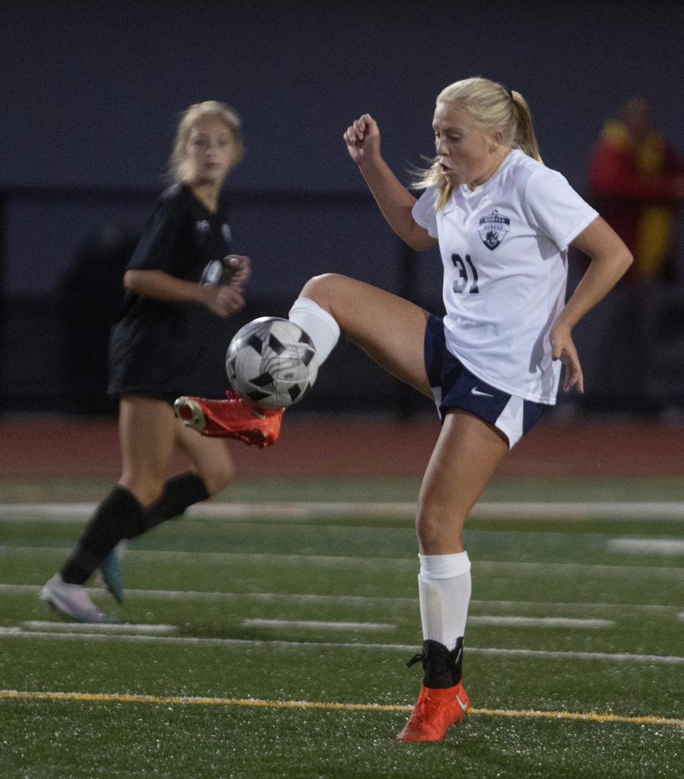 Howell Makenzie Memmolo works to redirect ball during first half action. Howell Girls Soccer defeats Rumson-Fair Haven 1-0 in Shore Conference Quarterfinal game in Rumson on October 16, 2023.