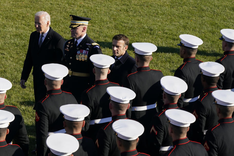 President Joe Biden and French President Emmanuel Macron participate in a State Arrival Ceremony on the South Lawn of the White House in Washington, Thursday, Dec. 1, 2022. (AP Photo/Patrick Semansky)