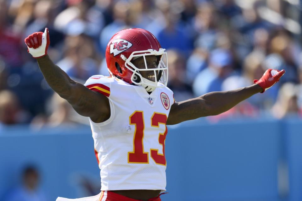 Kansas City Chiefs wide receiver Byron Pringle celebrates during a game.