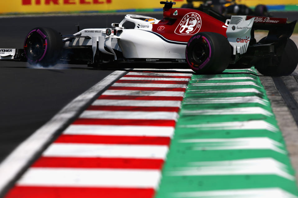 A little bit sideways: Marcus Ericsson overcooks it in his Sauber in practice for the 2018 Hungarian Gran Prix