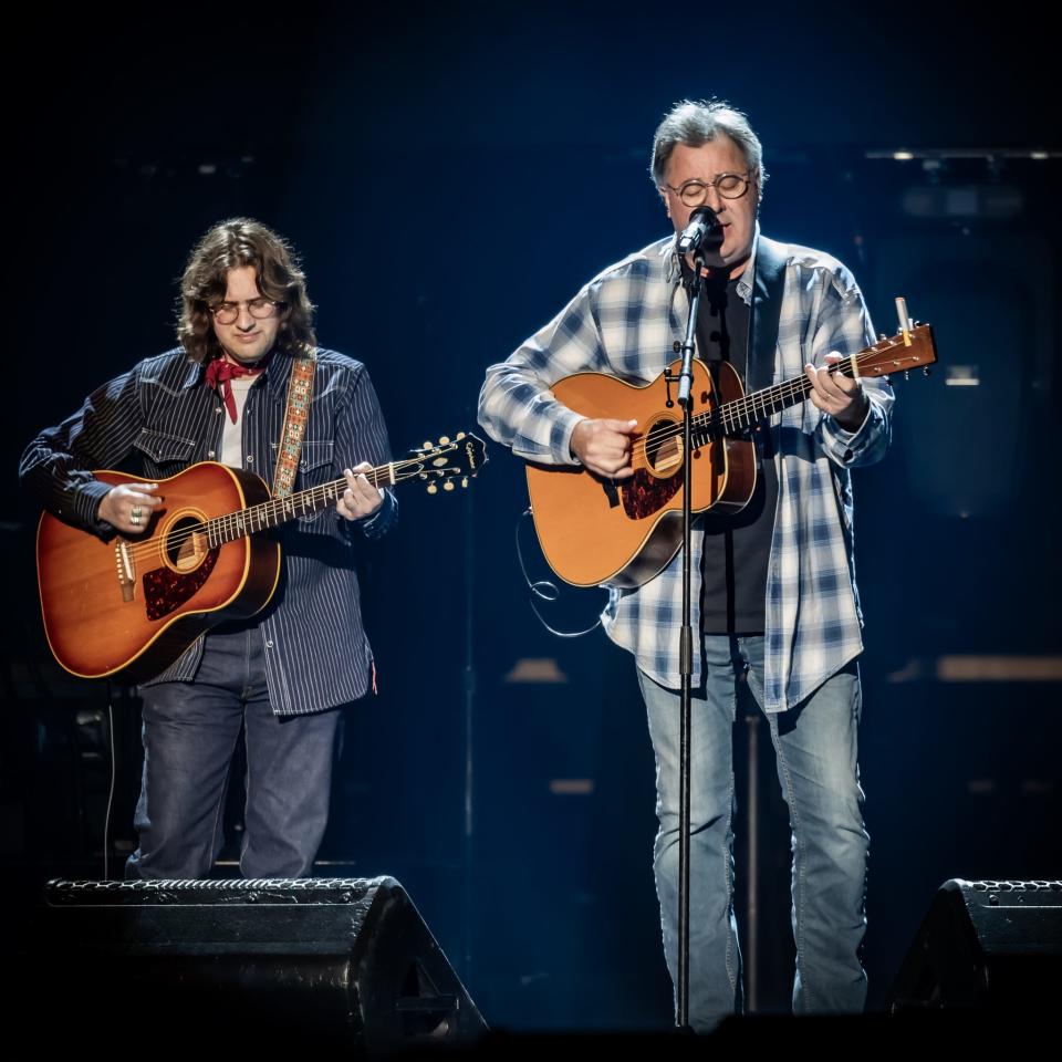 Vince Gill with guitarist Jack Schneider at Country Music Hall of Fame and Museum "All for the Hall" in Tulsa, Oklahoma, March 30, 2024