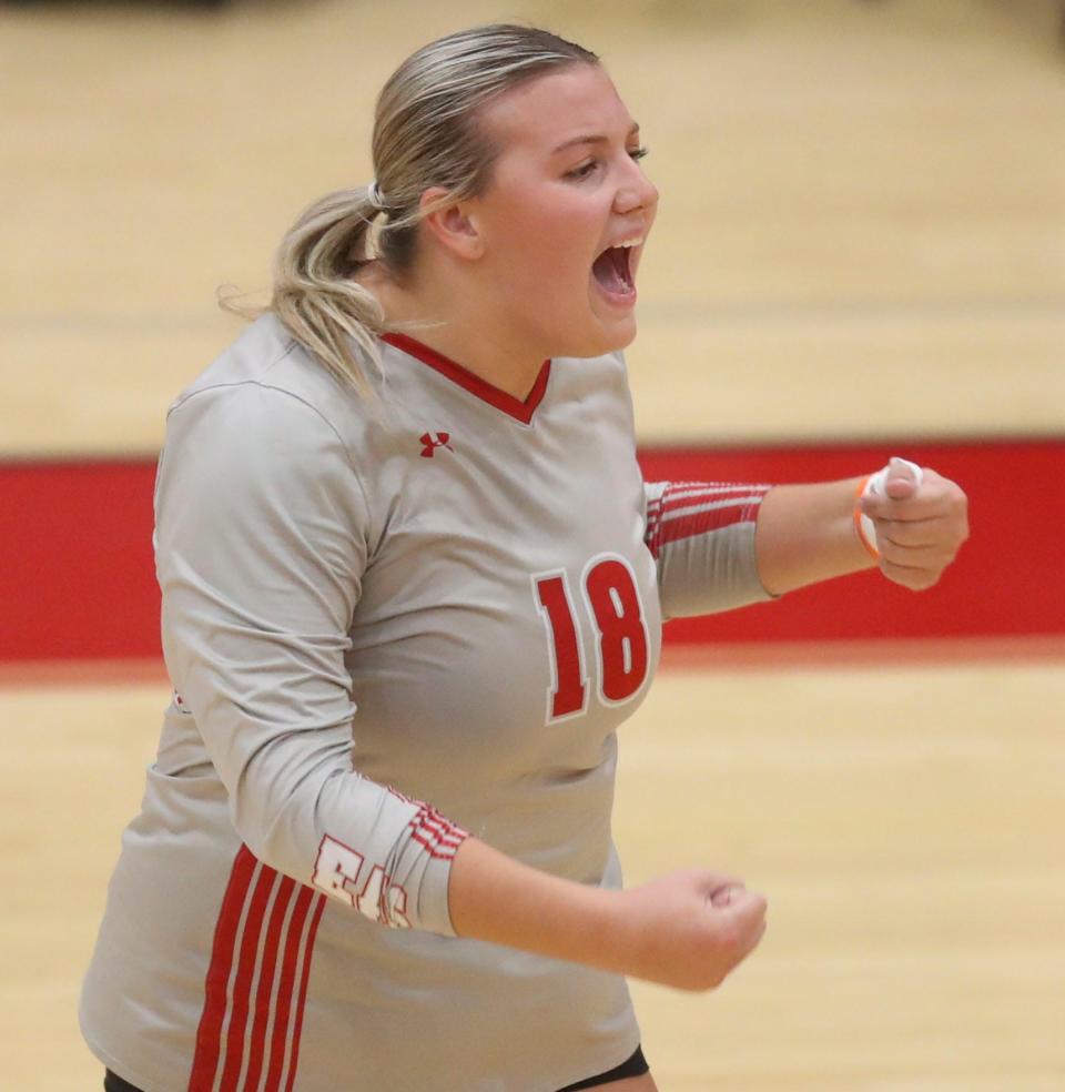 Smyrna's Brooke Berge reacts to a big point during the Eagles' 3-2 loss to No. 1 Saint Mark's on Oct. 10.