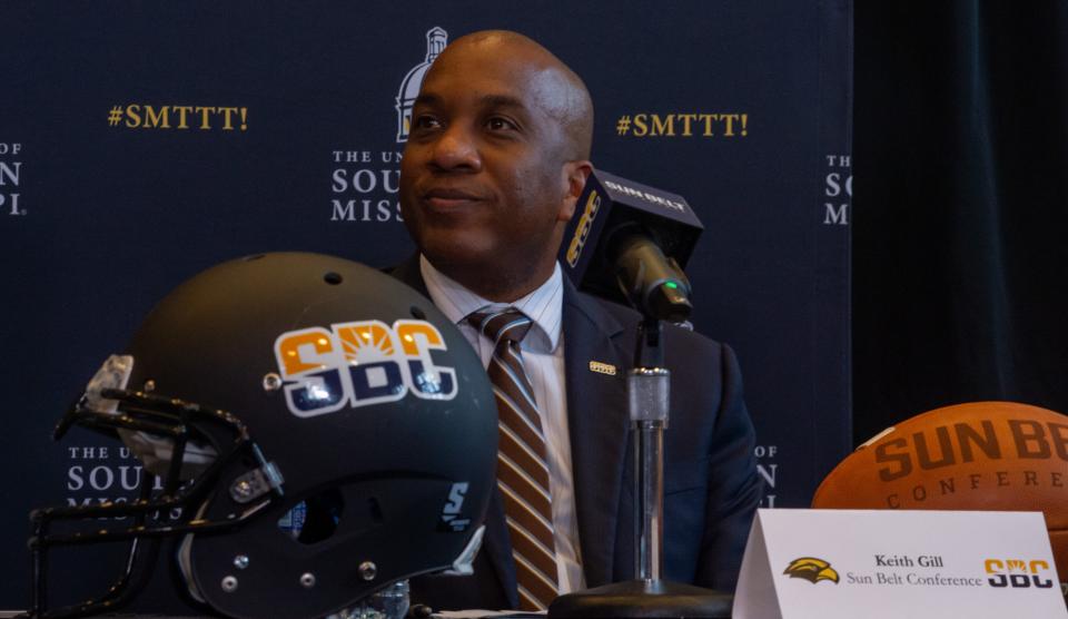 Keith Gill, commissioner of the Sun Belt Conference, announces that Southern Miss will join the Sun Belt Conference at the Southern Miss Trent Lott Center in Hattiesburg, Miss. on Tuesday, Oct. 26, 2021.