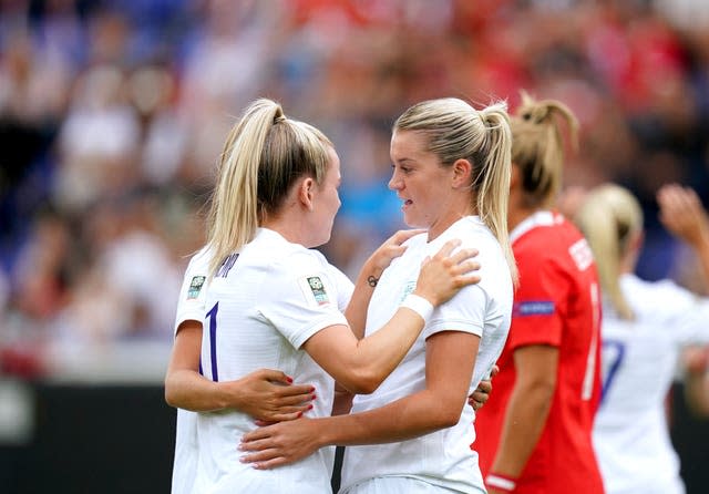 Alessia Russo (right) celebrates with Lauren Hemp after scoring England's first goal 
