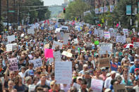 <p>Counterprotesters march down Tremont Street to confront free speech demonstrators in the Boston Common during the “Boston Free Speech” rally and counterprotest in Boston, Mass., Aug. 19, 2017. (Photo: Matthew J. Lee/The Boston Globe via Getty Images) </p>