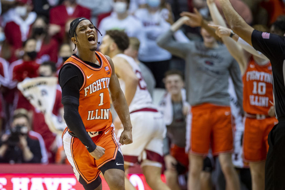 Illinois guard Trent Frazier (1) reacts after hitting a 3-point basket during the second half of an NCAA college basketball game against Indiana, Saturday, Feb. 5, 2022, in Bloomington, Ind. (AP Photo/Doug McSchooler)