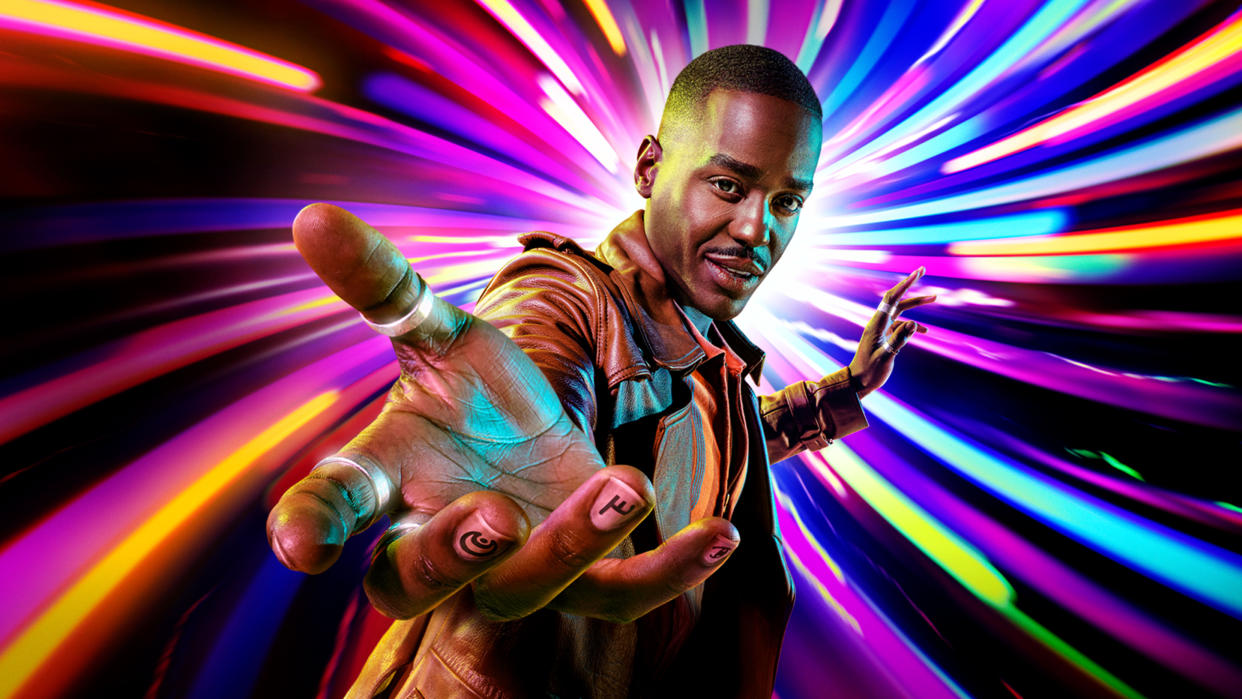  The 15th Doctor (Ncuti Gatwa) against a colored background in a promo shor for the Doctor Who Christmas Special 2023. 