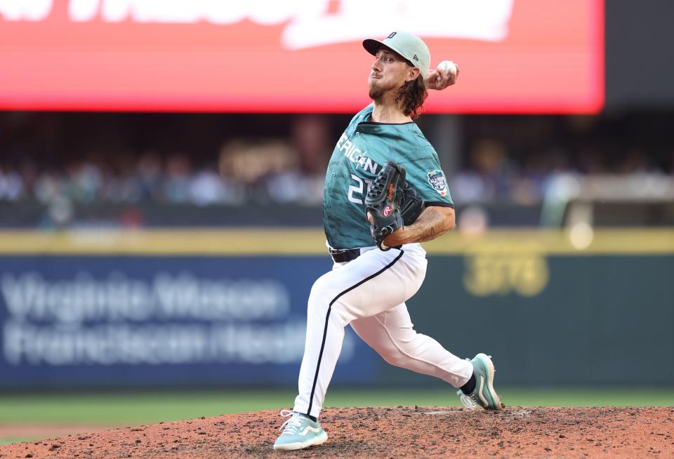 Michael Lorenzen of the Detroit Tigers pitches during the 93rd MLB All-Star Game at T-Mobile Park in Seattle on Tuesday, July 11, 2023.