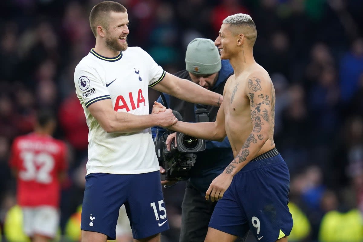 Eric Dier with Tottenham team-mate Richarlison after Saturday’s 3-1 win over Nottingham Forest (John Walton/PA) (PA Wire)