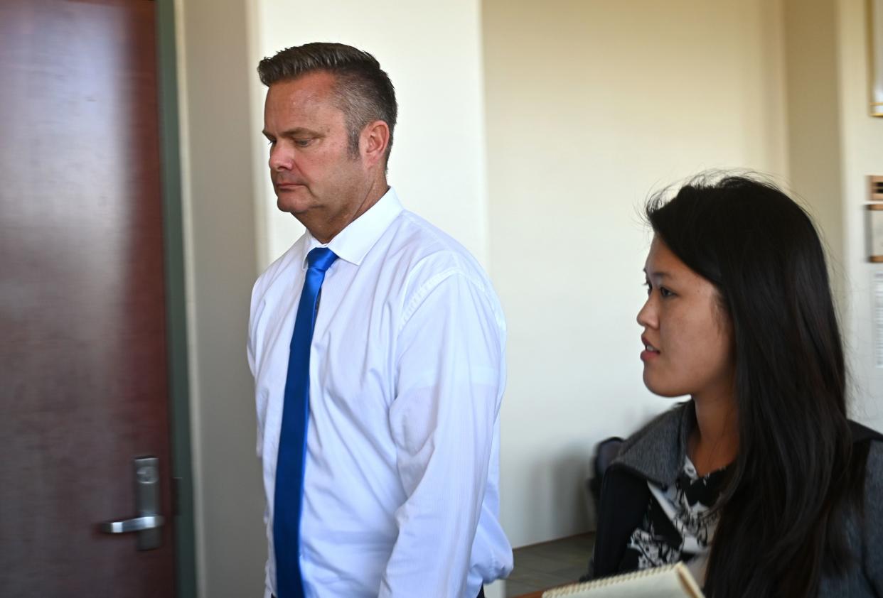 Chad Daybell, Lori Vallow's current husband, walks into court for his wife's hearing on child abandonment and other charges in Lihue, Hawaii on Feb. 21, 2020.