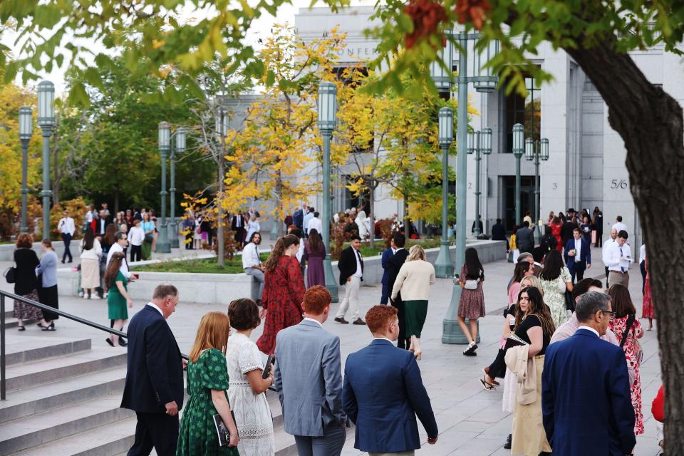 Attendees walk to the193rd Semiannual General Conference of The Church of Jesus Christ of Latter-day Saints at the Conference Center in Salt Lake City on Saturday, Sept. 30, 2023. | Jeffrey D. Allred, Deseret News