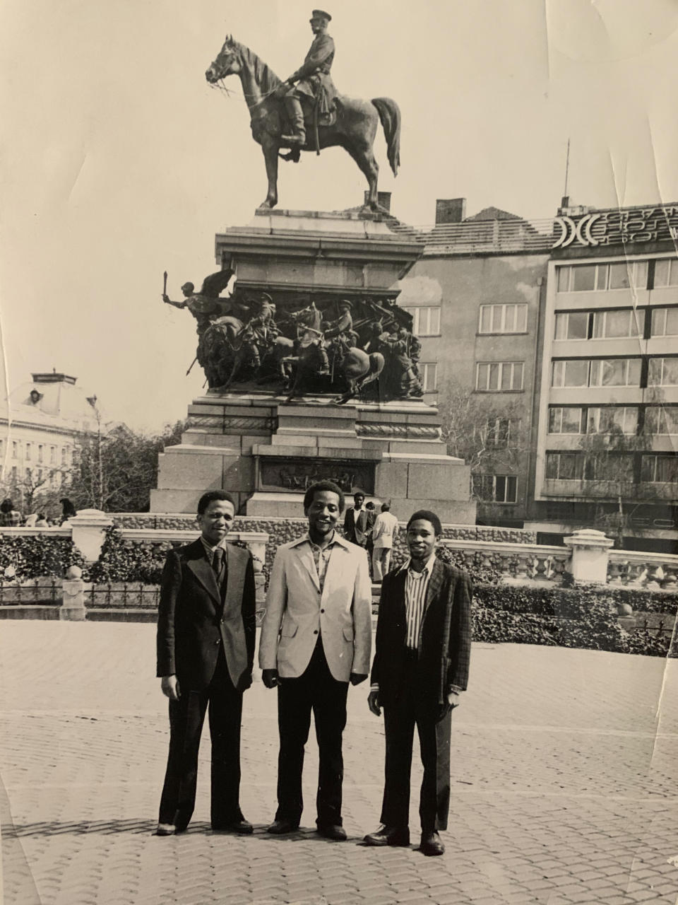 In this photo supplied courtesy of the Mini family, the late South African doctor and activist Dr. Clarence Mini is photographed while in exile in Bulgaria with fellow activists. Clarence Mini, a South African activist and doctor who died of COVID-19 spent his life fighting apartheid, the government's denial of HIV/AIDS and rampant corruption. Loved ones say Mini knew the odds were against him but he was committed to what he believed was right. He died in May, 2020, at age 69. (Photo supplied by the Mini family via AP)