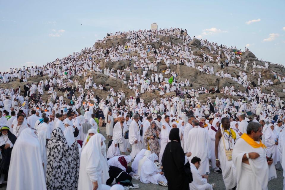 Muslim pilgrims gather at the top of the rocky hill known as the Mountain of Mercy, on the Plain of Arafat (AP)