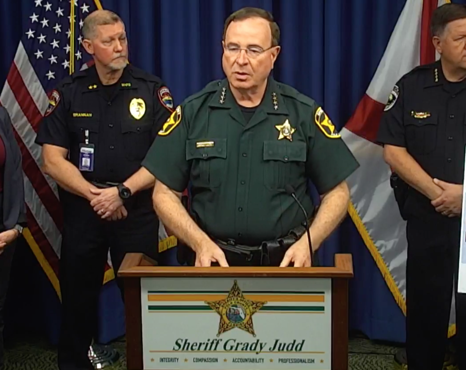 Polk County Sheriff Grady Judd speaks during a press conference about a recent human trafficking operation on Wednesday, March 16, 2022. 