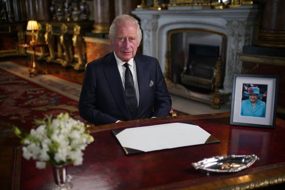 Charles delivers his address to the nation and the Commonwealth from Buckingham Palace following the death of the Queen on Thursday (Yui Mok/PA) (PA Wire)
