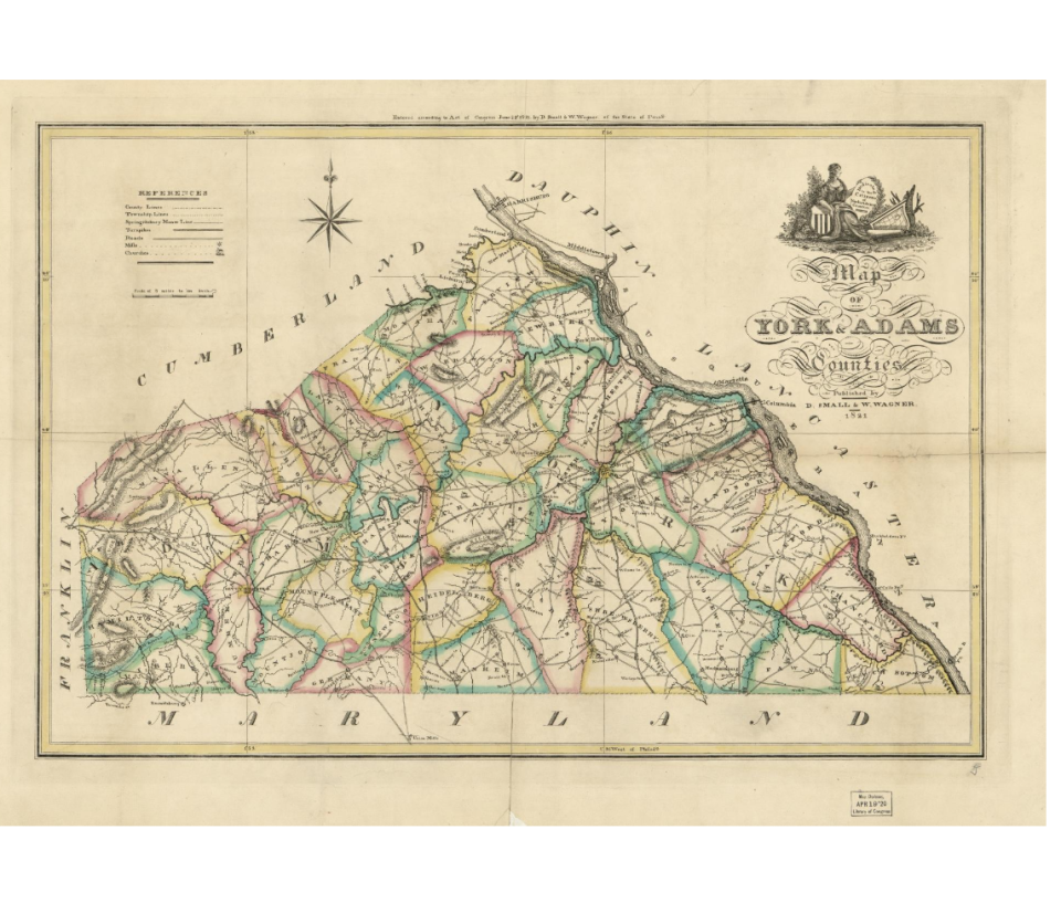 William Wagner mapped York County in 1821. By this time, Adams County had divided from York County and claimed 20 miles of the Mason-Dixon Line. York County’s border was reduced to 45 miles.