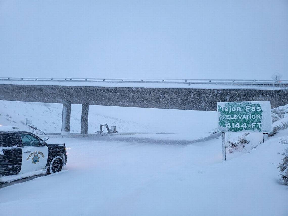 Snow builds up atop the Tejon Pass in this photo posted by the California Highway Patrol on Saturday, Feb. 25, 2023. Interstate 5 past the Grapevine and through the pass remained closed late Sunday.