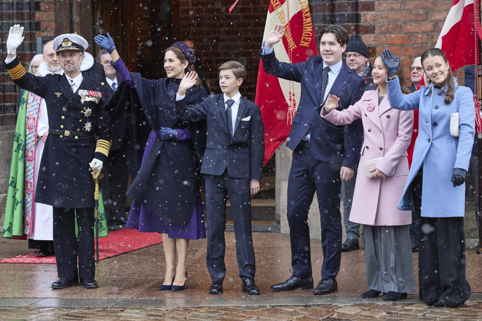 From left, Denmark's King Frederik X, Queen Mary, Prince Vincent, Crown Prince Christian, Princess Isabella and Princess Josephine and greet the crowd after a service on the occasion of the change of throne in Denmark, in Aarhus Cathedral, Aarhus, Denmark, Sunday Jan. 21, 2024. Its the first public appearance in Jutland by Denmark's new King and Queen since the change of throne last Sunday. (Mikkel Berg Pederson/Ritzau Scanpix via AP)