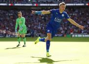 Football Soccer Britain - Leicester City v Manchester United - FA Community Shield - Wembley Stadium - 7/8/16 Leicester City's Jamie Vardy celebrates scoring their first goal Action Images via Reuters / John Sibley Livepic EDITORIAL USE ONLY. No use with unauthorized audio, video, data, fixture lists, club/league logos or "live" services. Online in-match use limited to 45 images, no video emulation. No use in betting, games or single club/league/player publications. Please contact your account representative for further details.