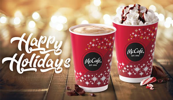 Peppermint Mocha and Peppermint Hot Chocolate are back at McDonald's today.&nbsp; (Photo: McDonalds)