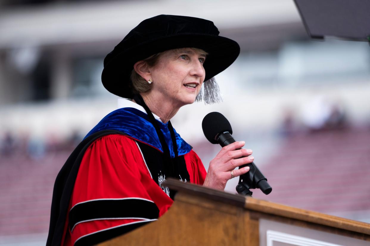 May 7, 2023; Columbus, OH, USA;  Ohio State President Kristina M. Johnson speaks to the crowd during Spring Commencement ceremonies at Ohio Stadium. Mandatory Credit: Brooke LaValley/Columbus Dispatch