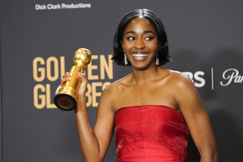 Ayo Edebiri poses in the press room with the award for best performance by an actress in a television series, musical or comedy for "The Bear" at the 81st Golden Globe Awards on Sunday, Jan. 7, 2024, at the Beverly Hilton in Beverly Hills, Calif. (AP Photo/Chris Pizzello)