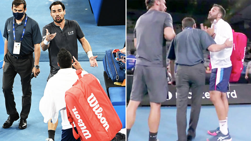 Fabio Fognini and Salvatore Caruso, pictured here having to be separated by the tournament supervisor.