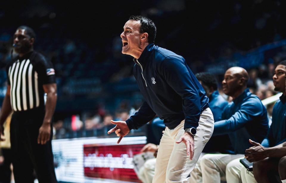 First-year URI head coach Archie Miller shouts instructions from the sidelines on Dec. 10 against Army.