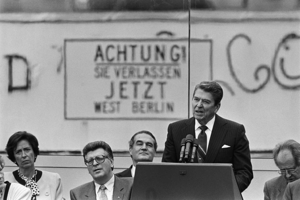 Ronald Reagan makes his challenge to Mikhail Gorbachev on June 12, 1987, to tear down the Berlin Wall.