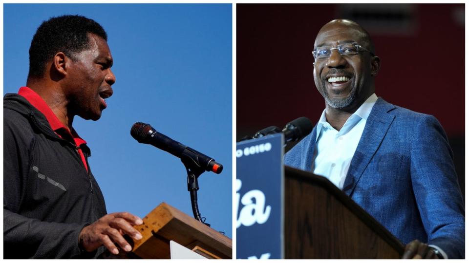 Senator Raphael Warnock of Georgia, right, is being challenged by former college sports star Herschel Walker (REUTERS/AP)