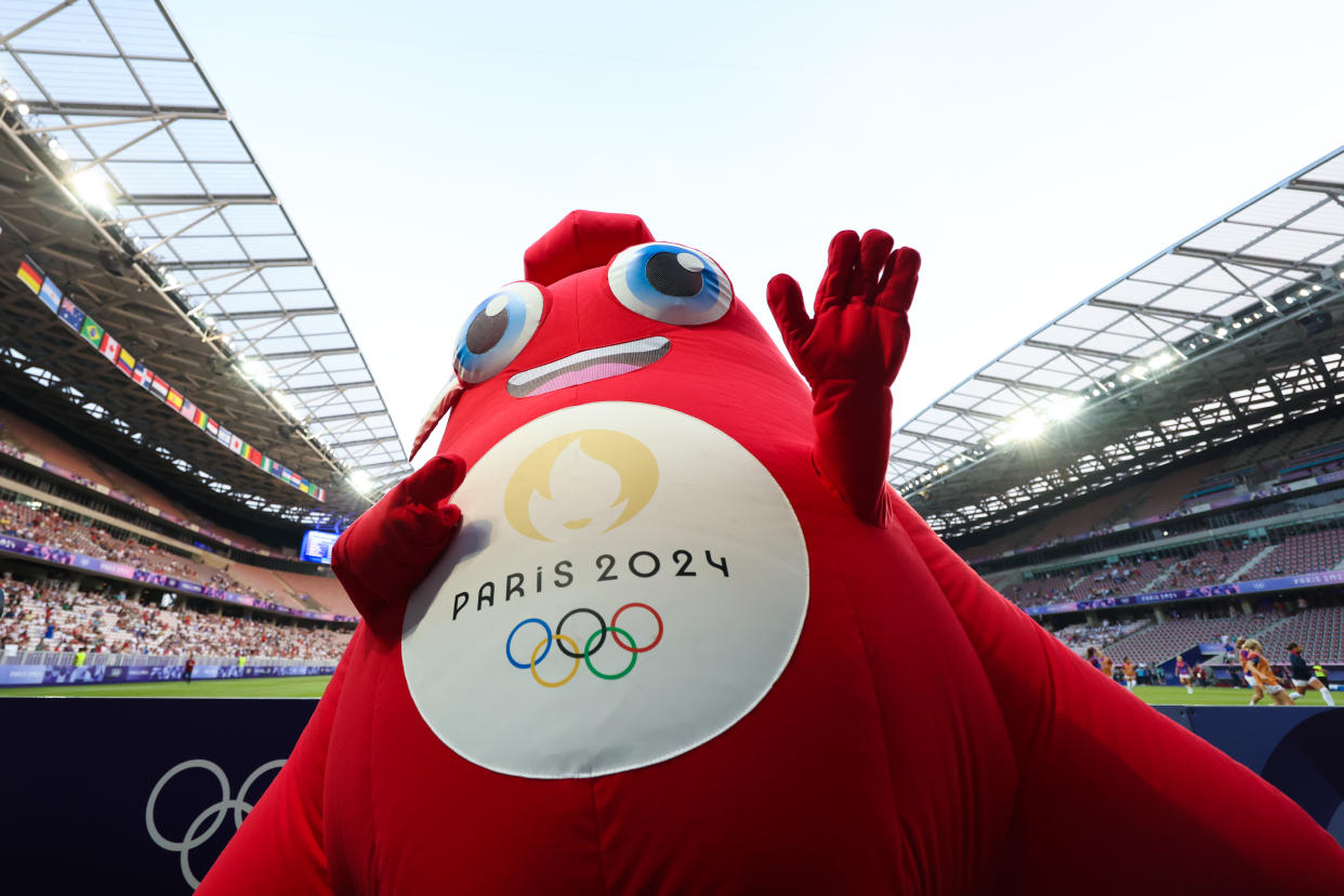 Phryge, the mascot of the Paris 2024 Olympic Games, in a stadium.