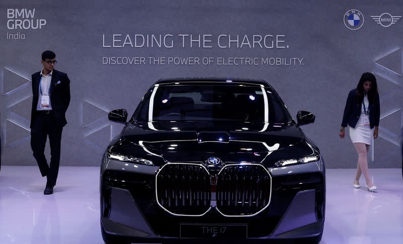 BMW's electric vehicle i7 is seen on display at Bharat Mobility Global Expo organised by India's commerce ministry at Pragati Maidan in New Delhi